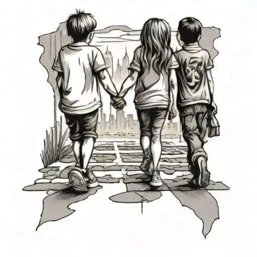 kids holding hands walking through a burned out city  tattoo design idea