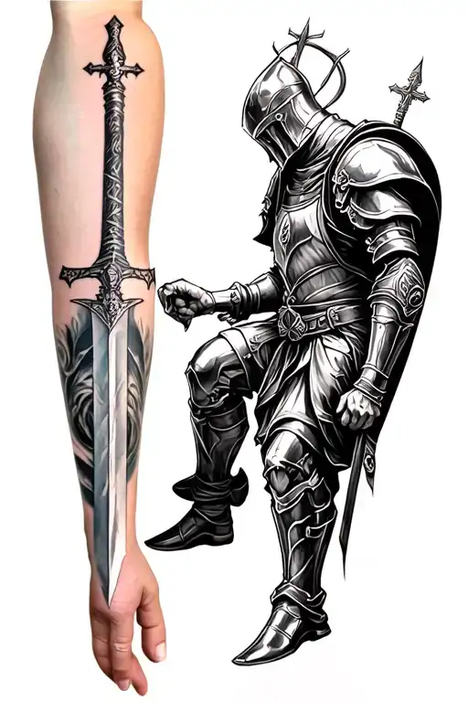 Hyper-detailed black monochromatic forearm tattoo: A holy crusader in battle armor, kneeling or standing with sword and  tattoo design idea
