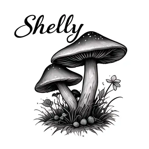 a memorial tattoo for my sisters passing , with her name Shelly written in a nice lettering style and mushrooms  tattoo design idea
