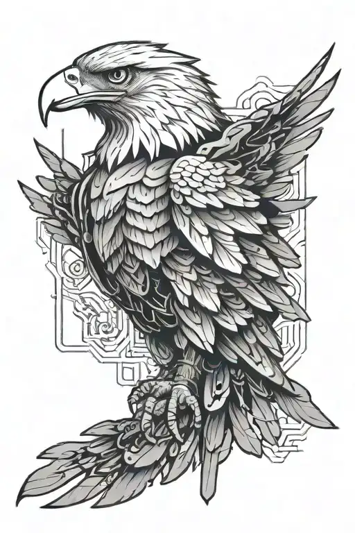 cyberpunk arm tattoo with an eagle in black and white tattoo design idea