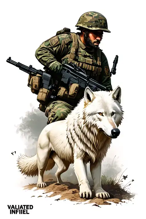 "VALIDATED INFIDEL " US Army soldier, infantry iin combat scene, with a good white wolf stading next  and a evil black wolf by his other side tattoo design idea