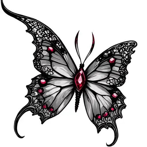 butterfly with devil horns, lace wings and ruby eyes tattoo design idea