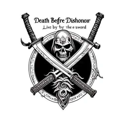 katana that says death before dishonor at the top and live by the sword die by the sword at the bottom tattoo design idea