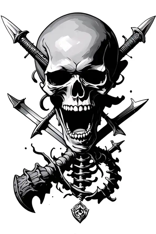 Screaming skull with 4 swords going into it. The skill in connected to a spinal cord that ends with a mace tattoo design idea