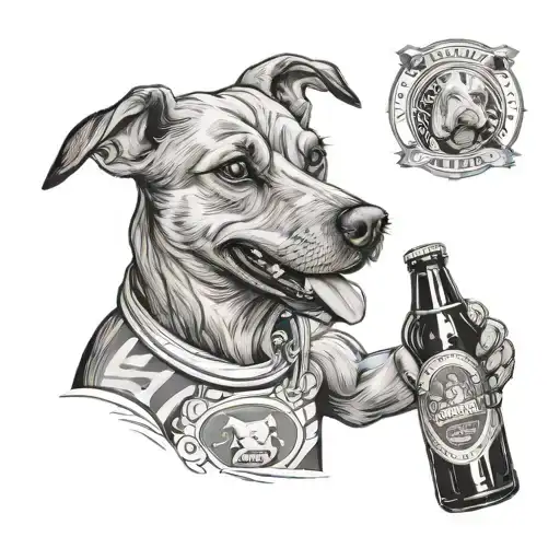 Craft a tattoo showcasing a dog wearing a Mainz 05 jersey while holding a beer bottle in its mouth tattoo design idea