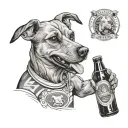 Craft a tattoo showcasing a dog wearing a Mainz 05 jersey while holding a beer bottle in its mouth tattoo design idea