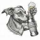 Craft a tattoo showcasing a dog wearing a Mainz 05 jersey while holding a beer bottle in its mouth tattoo design idea