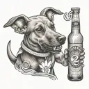 Craft a tattoo showcasing a dog wearing a Mainz 05 jersey while holding a beer bottle in its mouth tattoo design idea