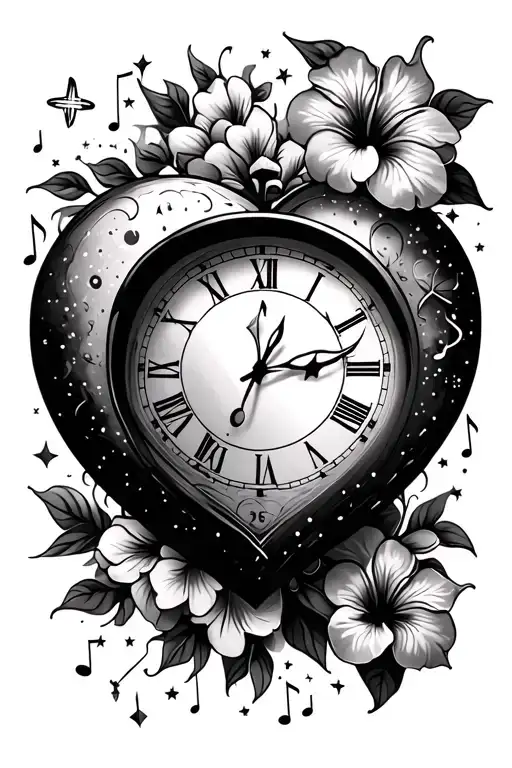 moon heart clockface time stars music note intertwined hibiscus flowers tattoo design idea