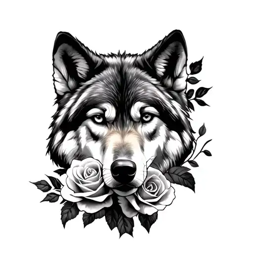 loup et roses stencil tattoo design idea