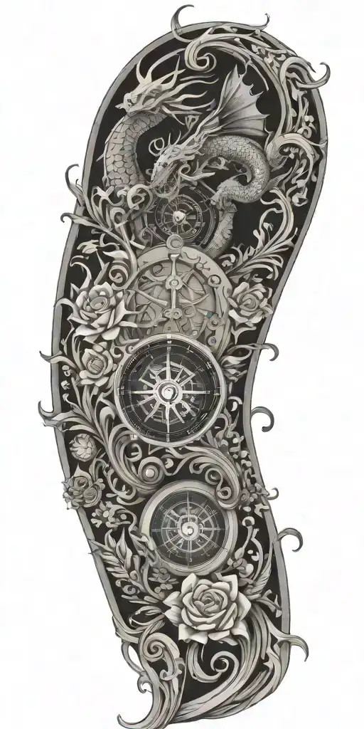 architecture patterns with water waves flowing, flowers, dragons, compass tattoo design idea