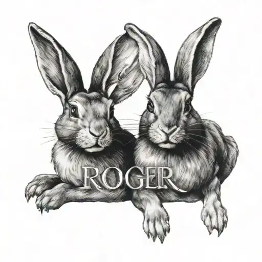 2 rabbits with the word "Roger" written tattoo design idea
