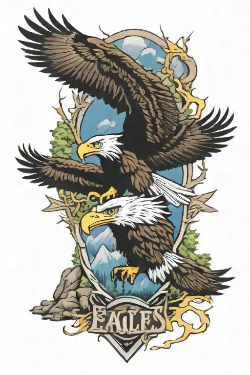 lower arm sleeve color tattoo with smoky mountains nature scene, eagles, American flag, and lightning tattoo design idea