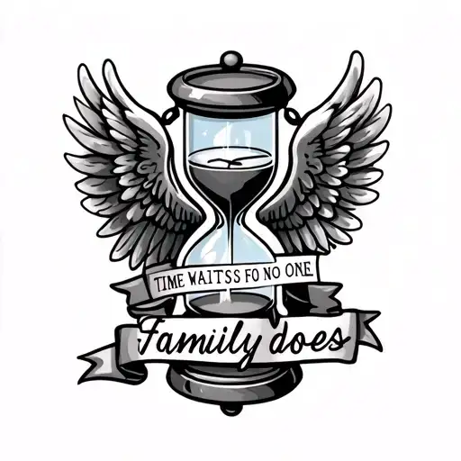 hour glass with wings and a banner that says "Time waits for no one; family does" tattoo design idea