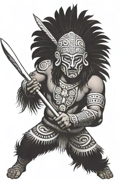 puerto Rican male Taino warrior weilding a spear and shield wearing a vejigante mask in a jungle tattoo design idea