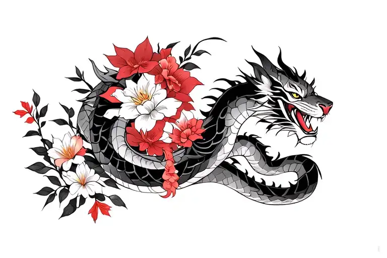 Japanese style of a dragon with flowers, a snake with flowers, a tiger with flowers and a nearby bamboo. In black red. tattoo design idea