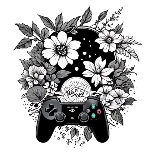 A whimsical tattoo design showcasing a blend of gaming icons and nature motifs, with an anime-inspired twist and subtle references to Italy and old school elements throughout tattoo design idea
