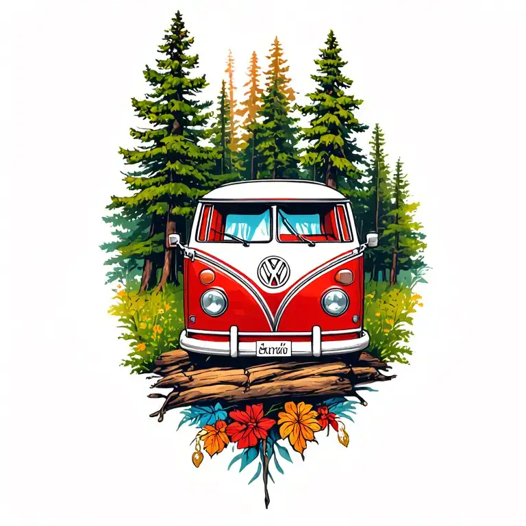 red volkswagen bus wooded road tattoo design idea