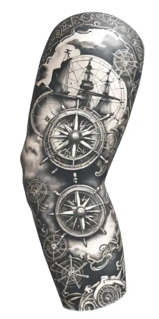 nautical arm sleeve with compass, anchor, ship, ship wheel  tattoo design idea