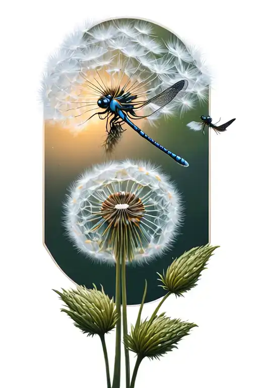 dandelion blowing with dragonfly  tattoo design idea