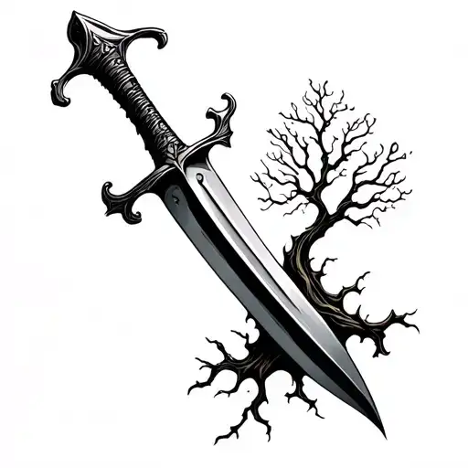Long broken dagger with tree growing out of handle tattoo design idea