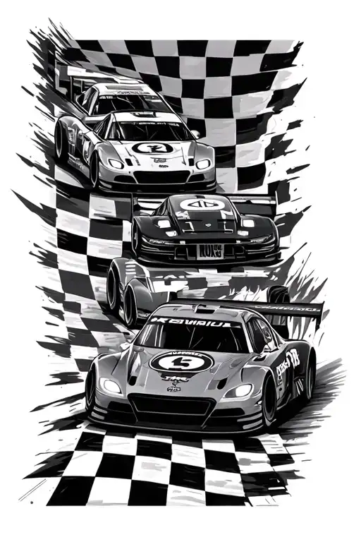 race track finish Line with nascar style racecars in the background tattoo design idea