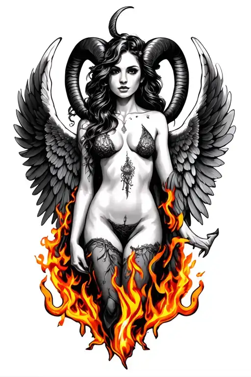 aries zodiac sign sexy woman wings surrounded fire  tattoo design idea