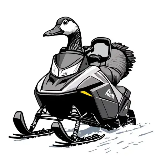 a simple line drawing of a silly goose riding a skidoo tundra snowmobile tattoo design idea