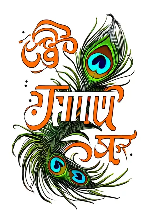 "కేశవ" "కేశవ" peacock feather in vibrant and authentic colours intertwined with flute incorporated elegantly with text included tattoo design idea