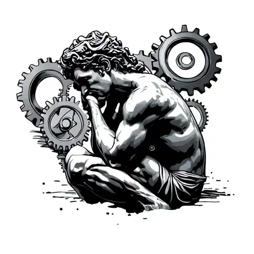 the thinker statue in profile with gears in the background  tattoo design idea