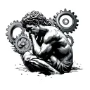 the thinker statue in profile with gears in the background  tattoo design idea