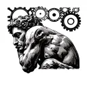 the thinker statue in profile with gears in the background  tattoo design idea