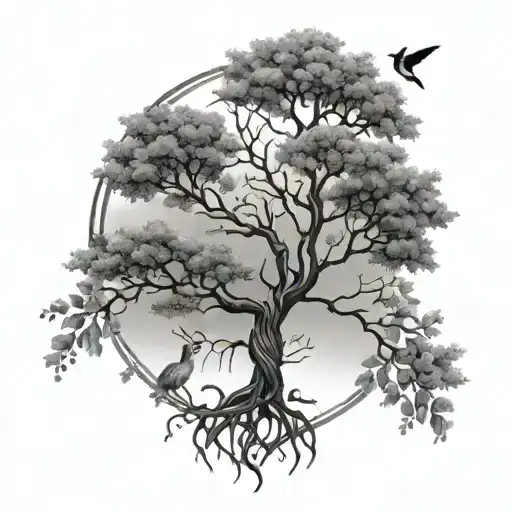 Black and white tree of life tattoo with only 4 roots and a small hummingbird flying away from the branches of the tree tattoo design idea