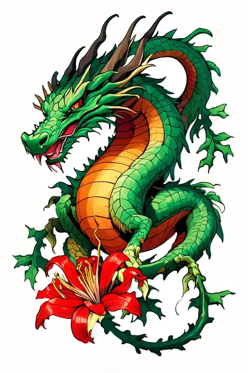 red spiderlily flower and vine wood wrapped around a dragon tattoo design idea