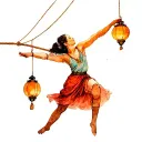 Rope dancer with a balancing rod at the end of which two lanterns hang in the light of which one child is indicated tattoo design idea