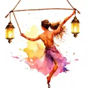 Rope dancer with a balancing rod at the end of which two lanterns hang in the light of which one child is indicated tattoo design idea