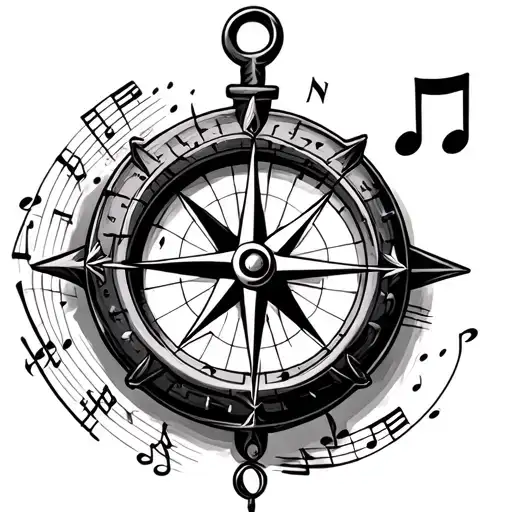 compass, musical notes, nautical tattoo design idea
