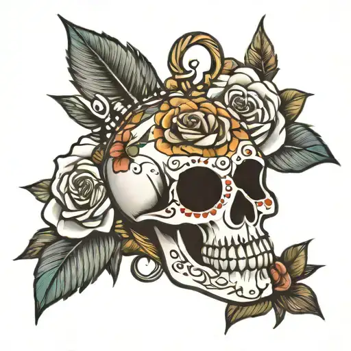 Sugar skull two Spears a cross a rose and a sun tattoo design idea