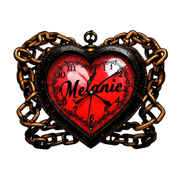 "Mélanie" clock heart chains tattoo design idea