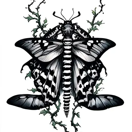 spine tattoo with moth and vines tattoo design idea