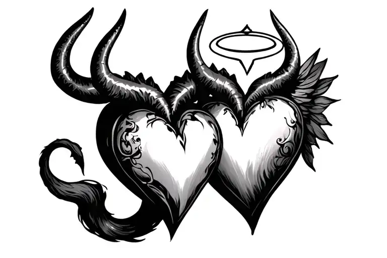 2 hearts one with devil horns and tail the other with a halo tattoo design idea