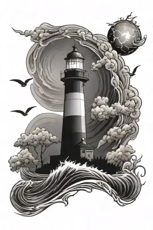 Lighthouse, thunderstorm, waves tattoo design idea