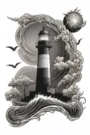Lighthouse, thunderstorm, waves tattoo design idea