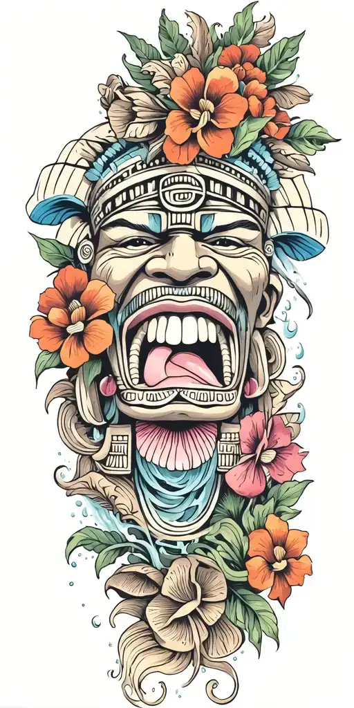  Mayan warrior tongue out on tongue flowers water Mayan tribal pattern mushrooms trippy  tattoo design idea