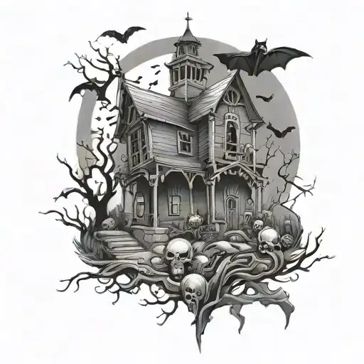 skeleton and grave yard, bats, and haunted house tattoo design idea