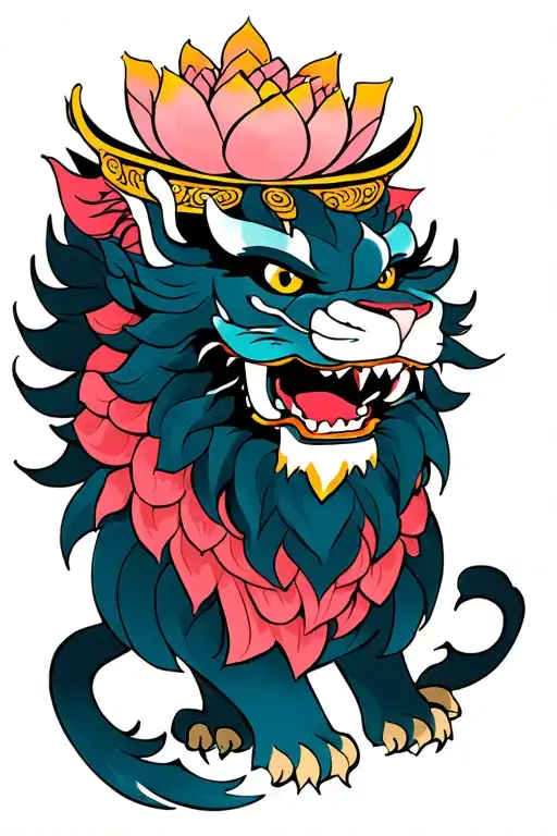 colored demon lion with crown by lotus flower tattoo design idea