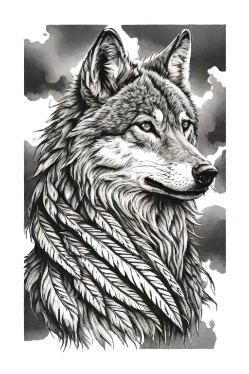 tattoo of a howling wolf with feathers on its fur tattoo design idea