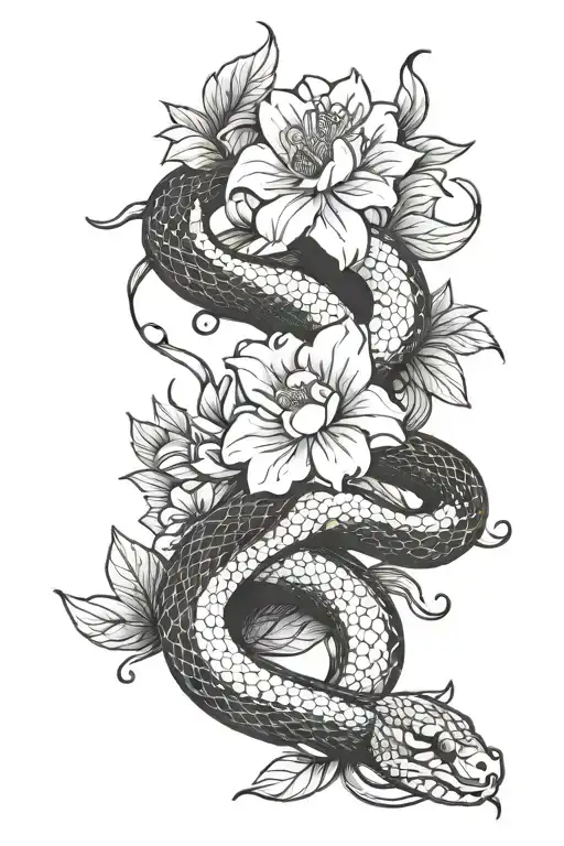 white snake with white flowers on black background  tattoo design idea