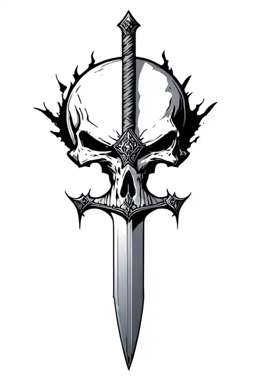 serrated blade, skull head, massacre, sejmitar, darkest dungeon tattoo design idea