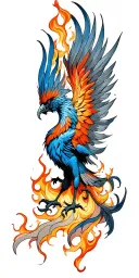 Blue Phoenix rising from flames surrounding tattoo design idea